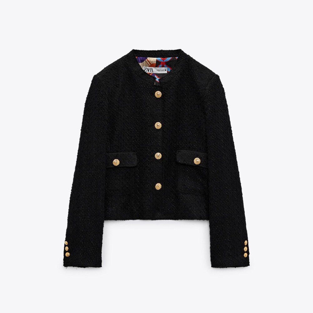 NWOT Zara fray black tweed blazer size M